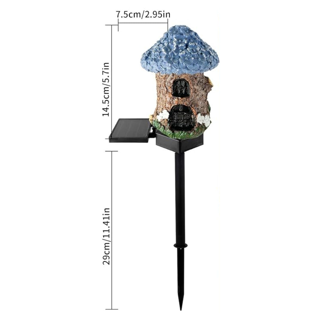 Solar fairy light mushroom garden stake with dimension annotations showing the height and width measurements against a plain white background.
