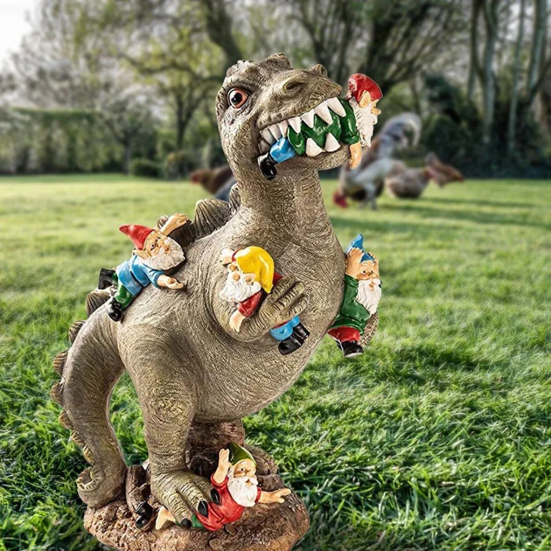 Funny Dinosaur Eating Gnomes Garden Statue Resin Decor
