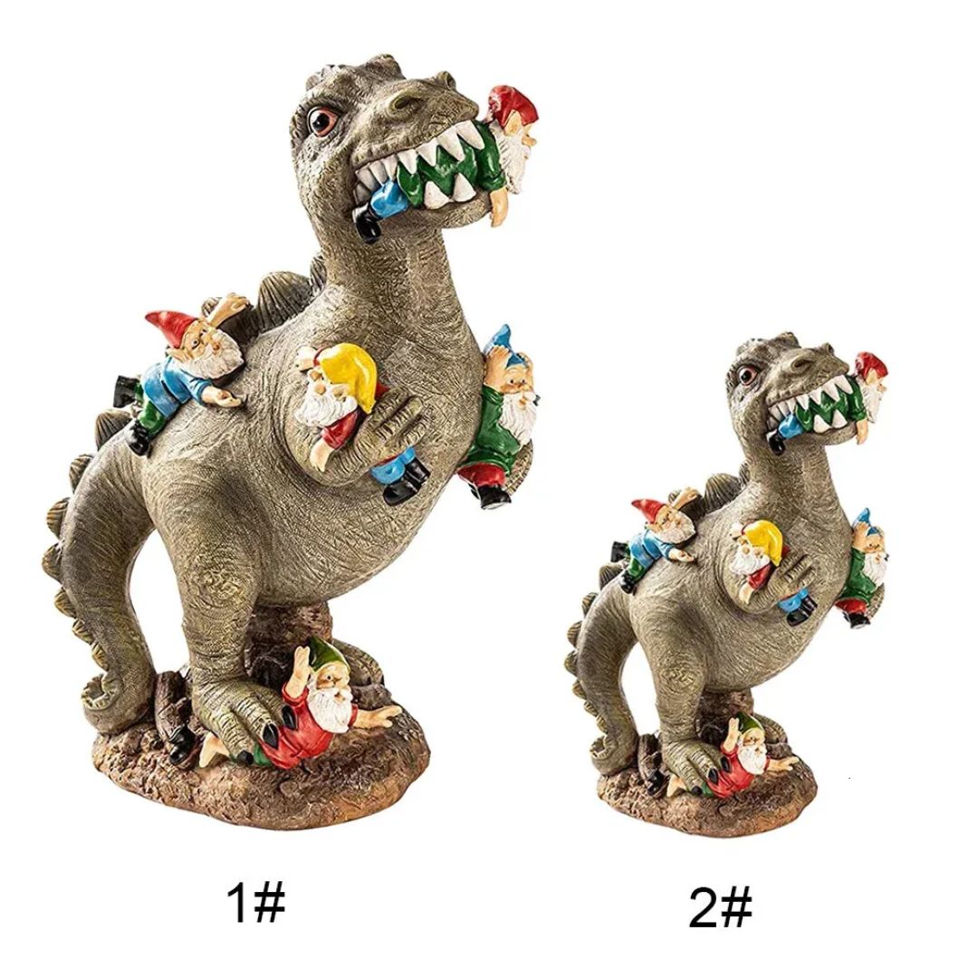 Funny Dinosaur Eating Gnomes Garden Statue Resin Decor