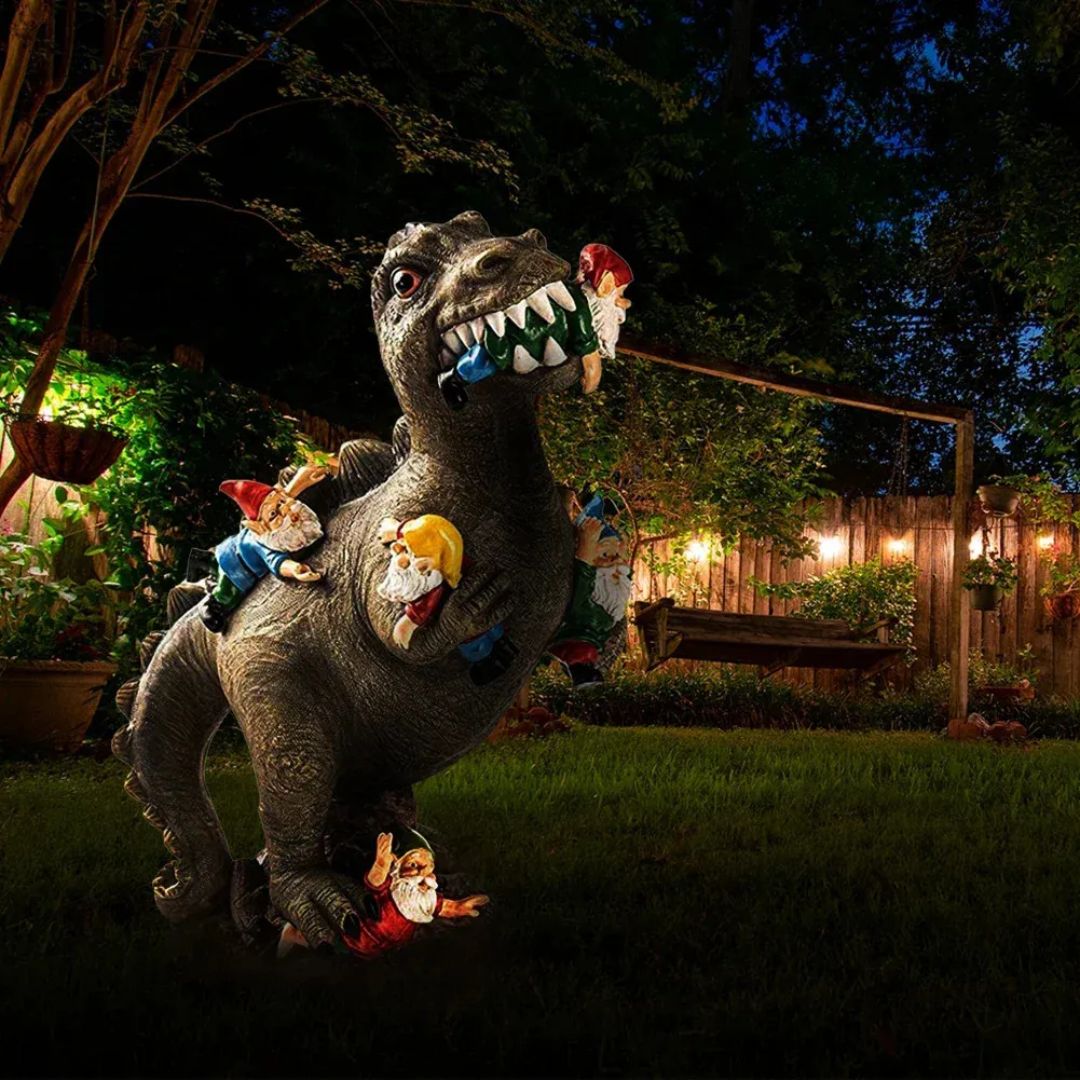 Funny Dinosaur Eating Gnomes Garden Statue Resin Decor