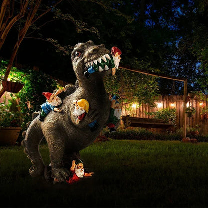Funny Dinosaur Eating Gnomes Garden Statue Resin Decor