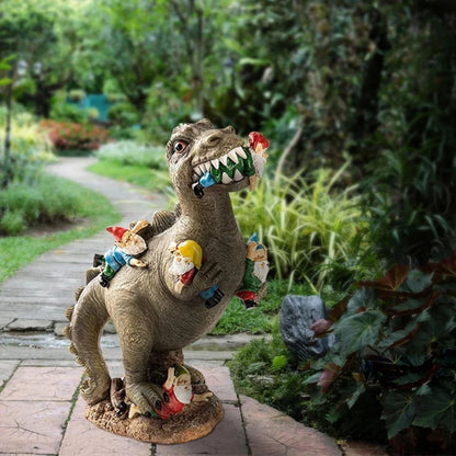 Funny Dinosaur Eating Gnomes Garden Statue Resin Decor