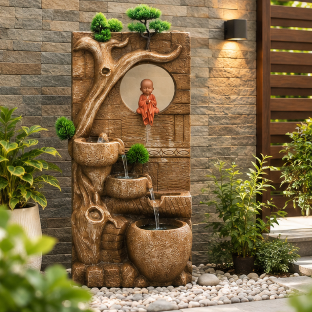 Monk Wall Water Fountain with LED - Cascading Buddha Monk Fountain
