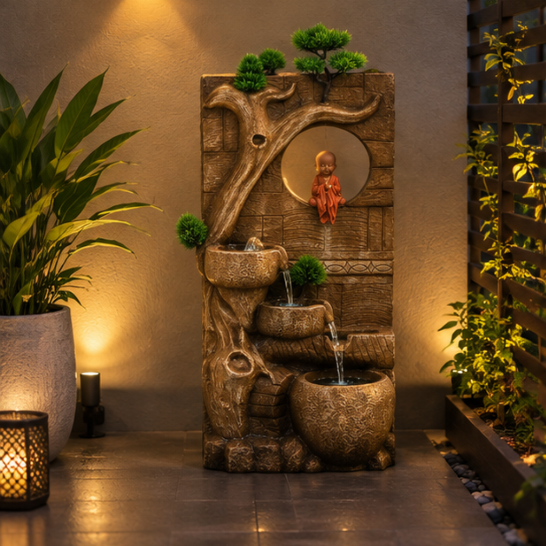 Monk Wall Water Fountain with LED - Cascading Buddha Monk Fountain