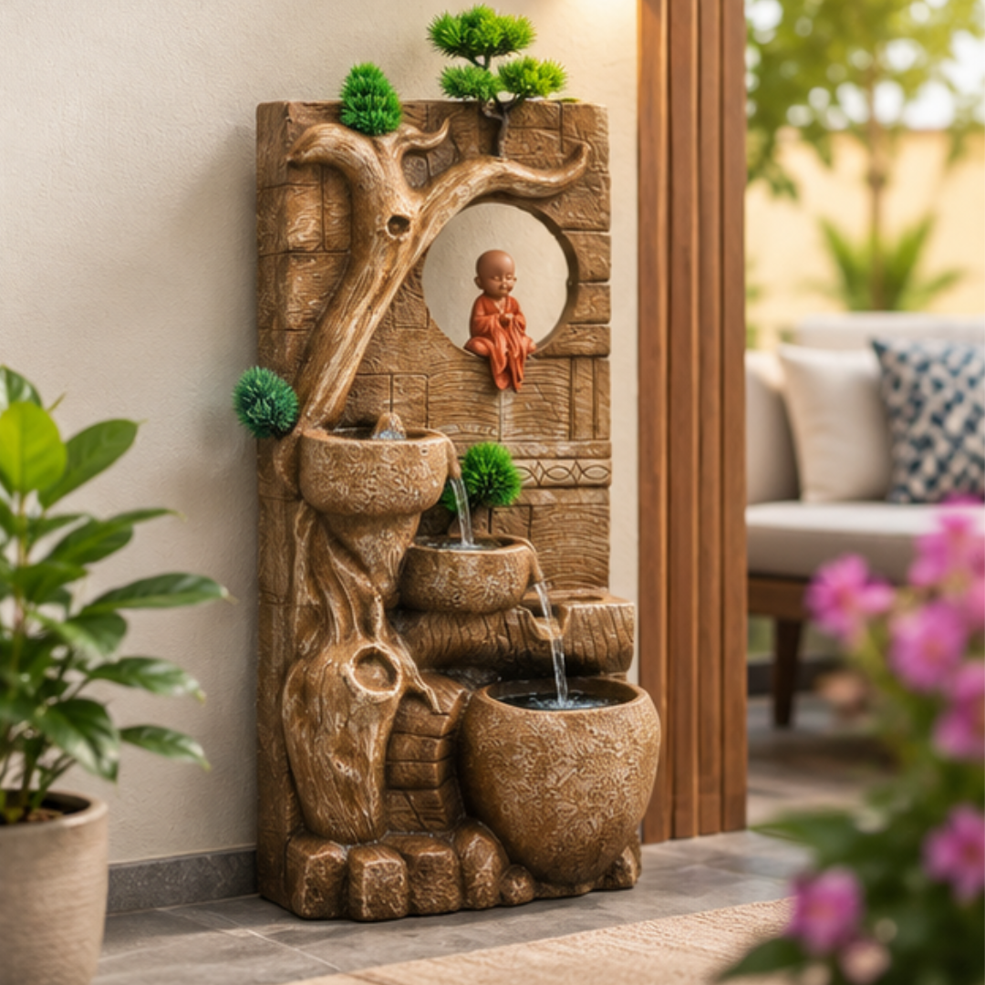 Monk Wall Water Fountain with LED - Cascading Buddha Monk Fountain