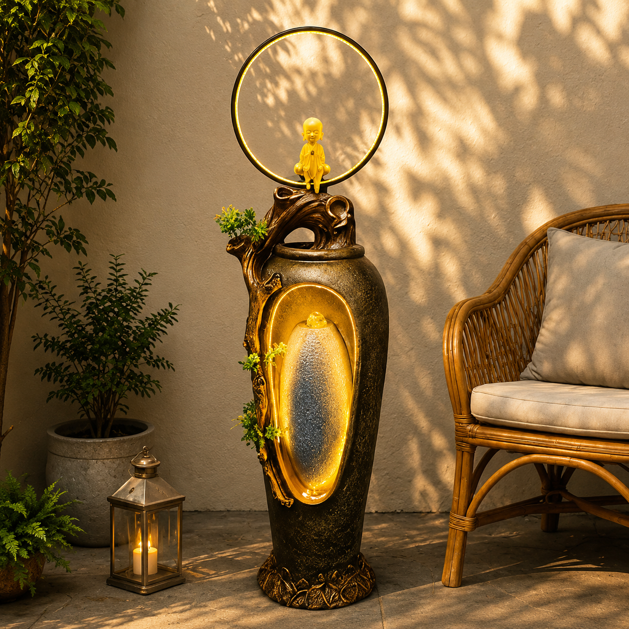 Buddha Monk Water Fountain with LED Ring | Outdoor Garden Decor