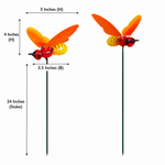 Bee garden stake with dimensions shown on a white background, featuring a red and yellow bee topper with orange wings on a dark metal stake.