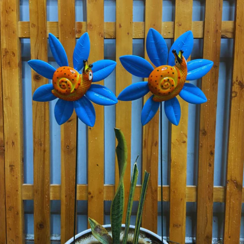 Blue Sunflower Snail Garden Stake | Set of 2 Plant Pot Stakes