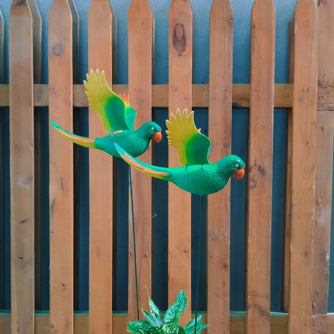 Green Parrot Garden Stake Decor | Bird Plant Pot Stakes (Set of 2)