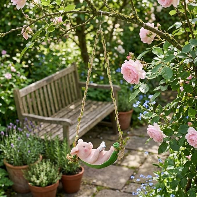 A pink ceramic bird swing hanging from a tree branch in a lush garden, with a wooden bench and potted plants in the background.