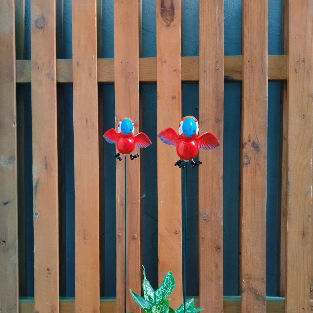 Red Macaw Garden Stake Decor | Bird Plant Pot Stakes (Set of 2)