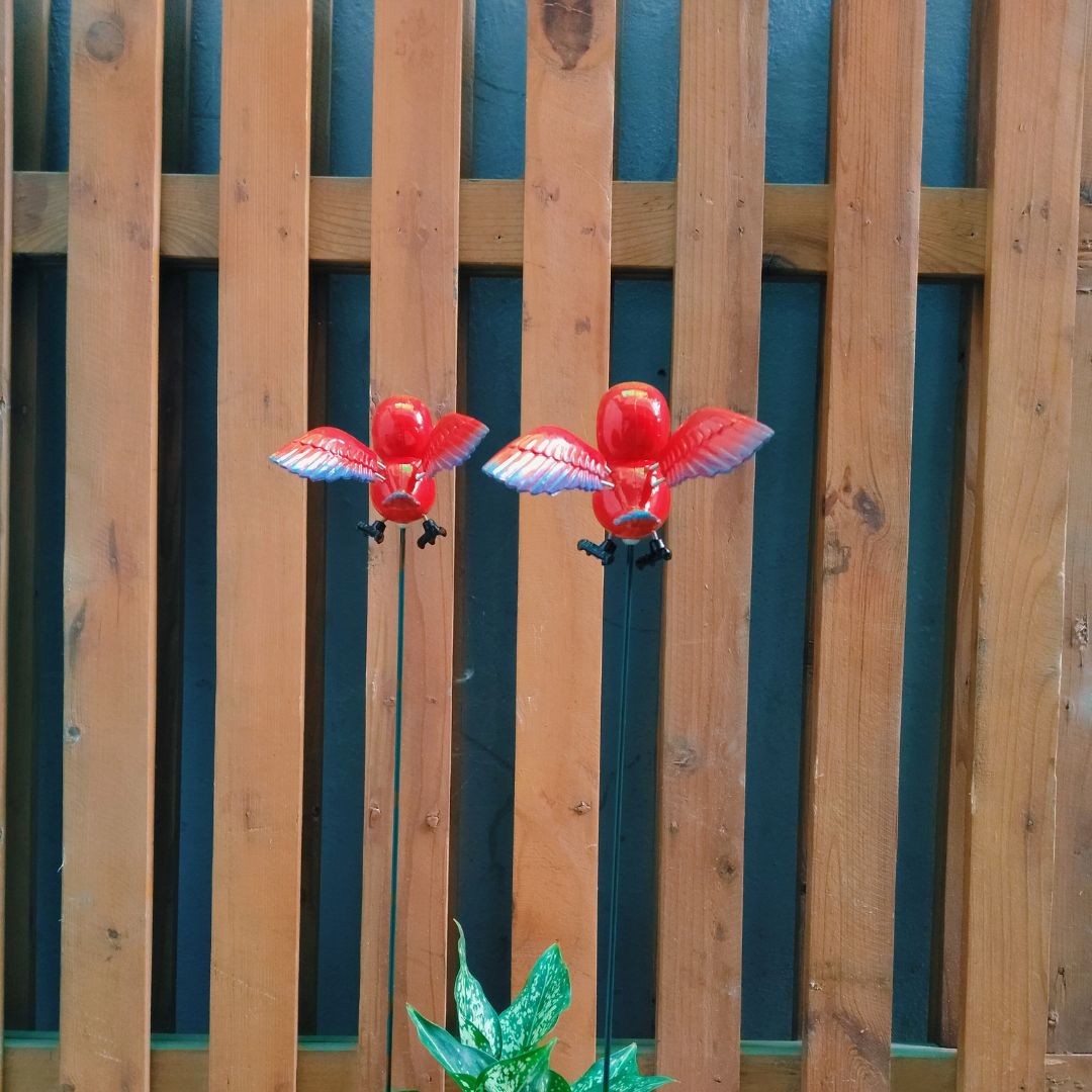 Red Macaw Garden Stake Decor | Bird Plant Pot Stakes (Set of 2)
