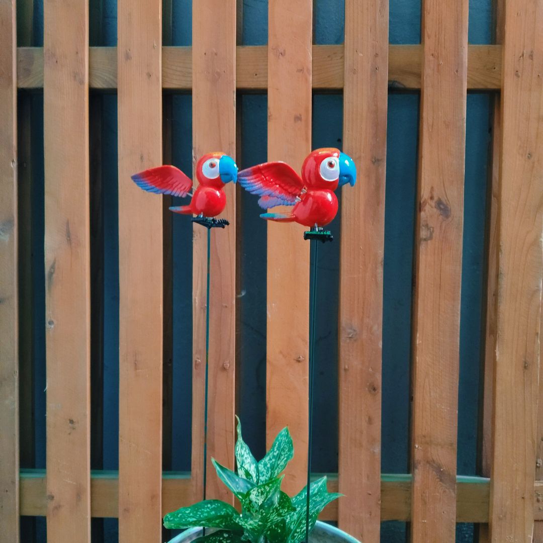 Red Macaw Garden Stake Decor | Bird Plant Pot Stakes (Set of 2)