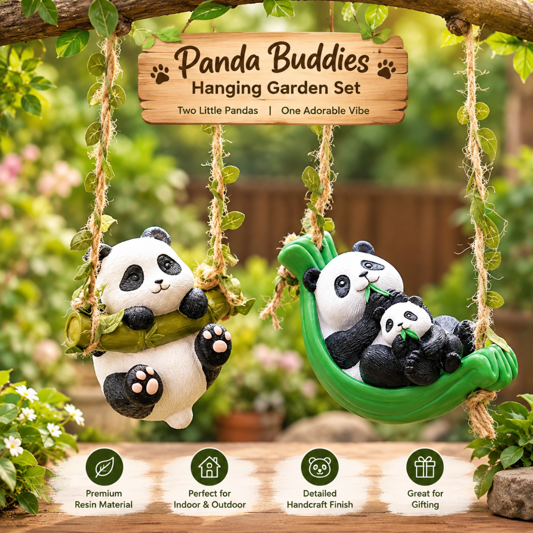 Panda Buddies Hanging Garden Set - Resin Panda Swing Decor (Set of 2)