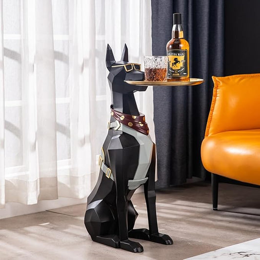 Doberman Butler Sculpture with Metal Serving Tray