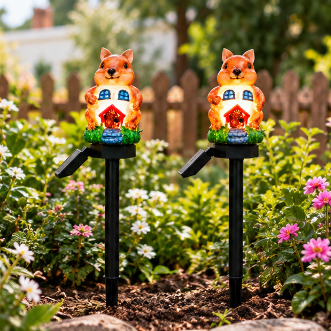 Squirrel Solar Garden Lights - Cute House Stake Lights (Set of 2)