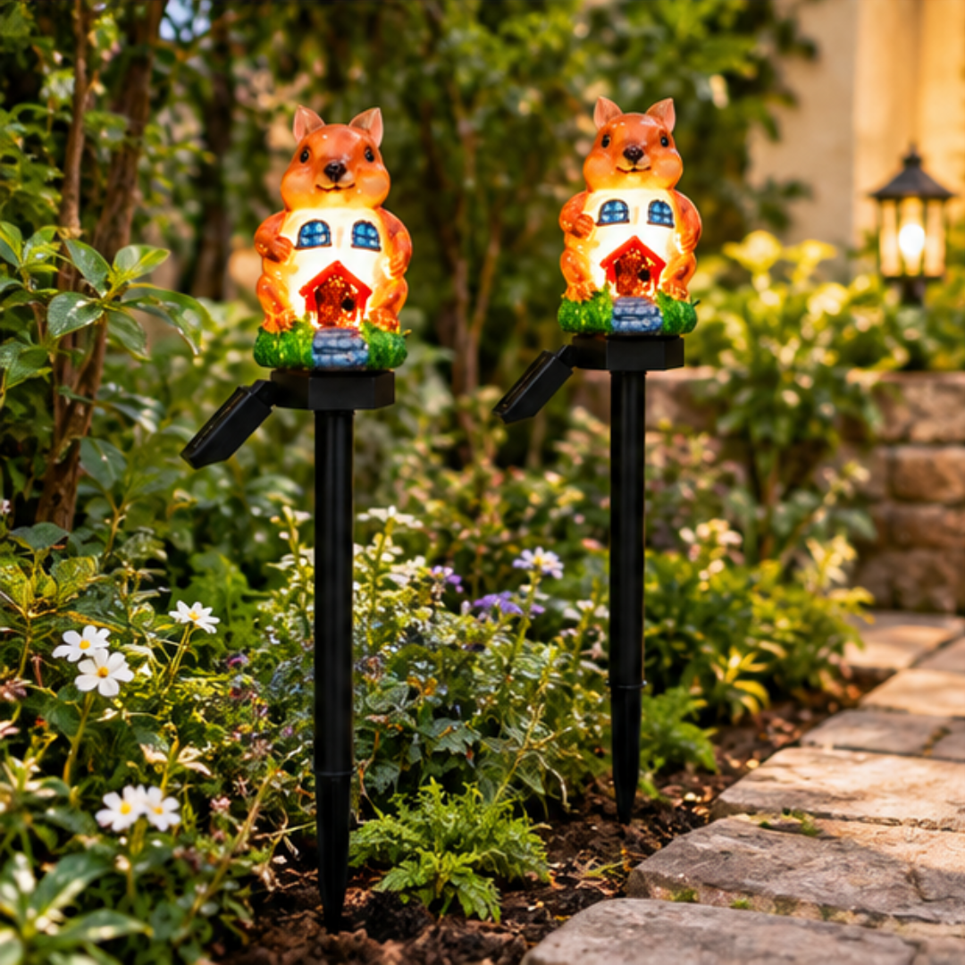 Squirrel Solar Garden Lights - Cute House Stake Lights (Set of 2)