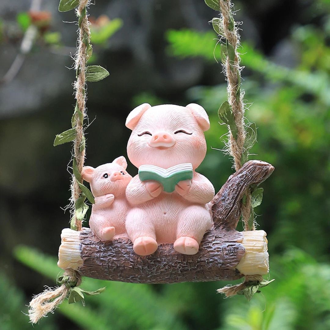 Cute Pig on Swing Figurine Mother Baby Pig Showpiece for Home & Desk Decor
