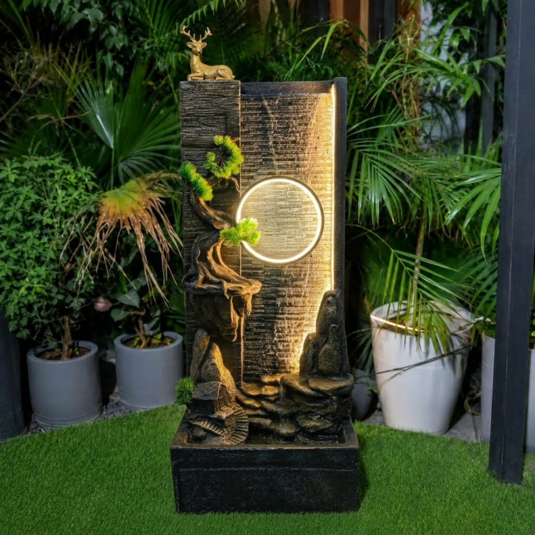 Deer Water Fountain with LED Ring Light - Cascading Outdoor Indoor Fountain