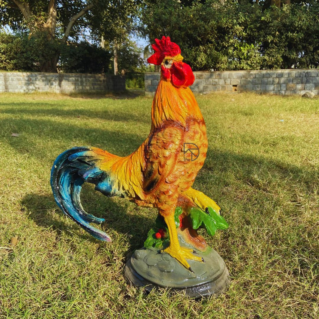 Hand-painted colorful rooster garden statue perfect for outdoor decoration, featuring a rustic and unique animal design ideal for farm-themed garden decor.