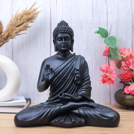 15-inch Black Tranquil Buddha Statue crafted from premium resin, featuring a sleek black finish, weather-resistant and fade-resistant, ideal for home decor, meditation rooms, and Zen gardens.