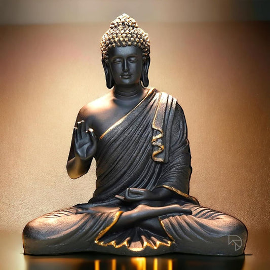 Blessing Buddha Statue 15-inch in Black Patti finish, crafted from premium resin, weather-resistant and fade-resistant, perfect for home decor, garden decor, meditation rooms, and spiritual gifts.