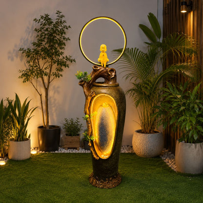 Decorative outdoor lamp with circular design and plant in a garden setting