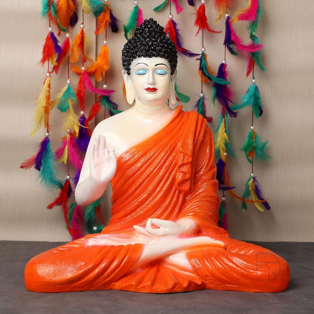 Divine Calm Buddha Statue 15-inch in White and Orange, premium resin sculpture for home and garden decor, weather-resistant and fade-resistant, perfect for Zen-inspired settings, meditation rooms, and spiritual gifts.