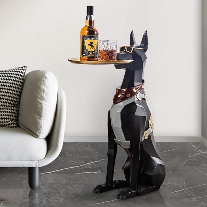 Doberman Butler Sculpture with Metal Serving Tray - The Decorshed