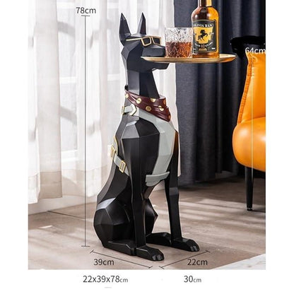 Doberman Butler Sculpture with Metal Serving Tray - The Decorshed