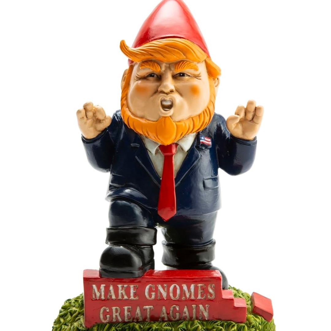 Gnome figurine with a suit and red tie, standing on a base with 'MAKE GNOMES GREAT AGAIN' text.