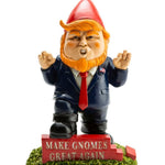 Gnome figurine with a suit and red tie, standing on a base with 'MAKE GNOMES GREAT AGAIN' text.