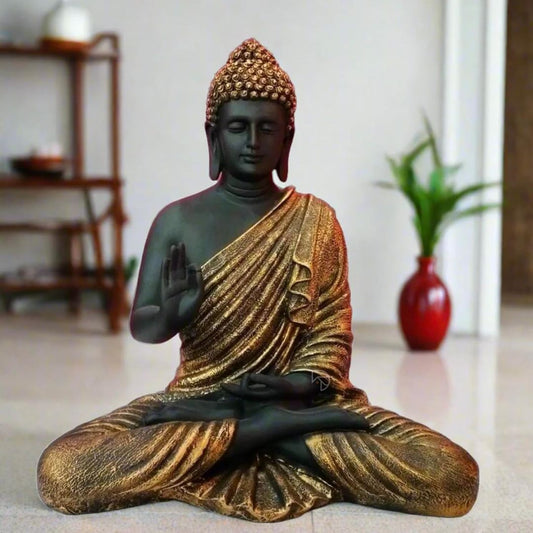 Golden Tranquility Buddha 15-inch, black and gold Buddha statue crafted from premium resin, weather-resistant and fade-resistant, perfect for home decor, garden decor, meditation rooms, and spiritual gifts by The Decorshed.