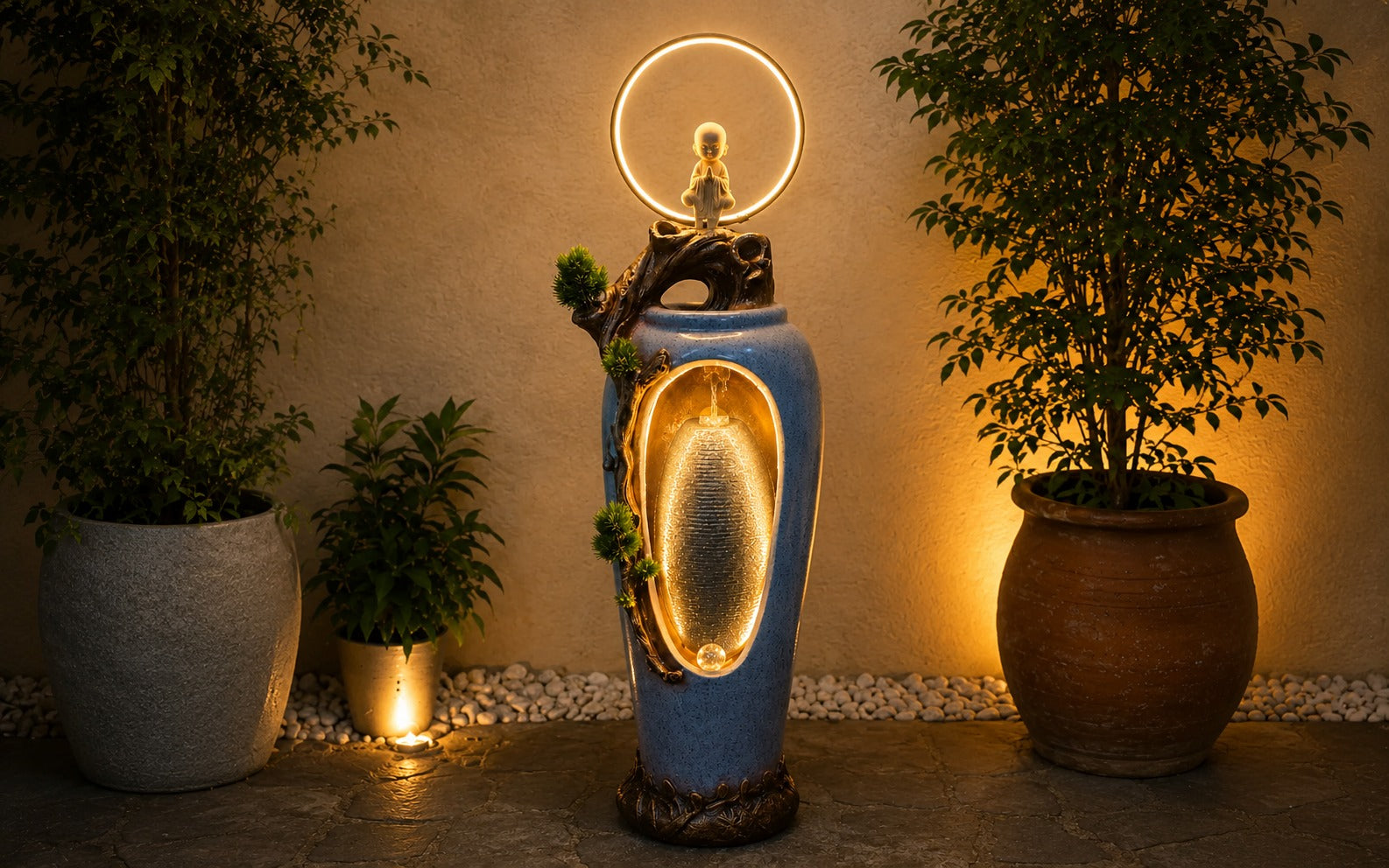 A decorative outdoor fountain sculpture in a garden setting at night, featuring a blue ceramic-style body with warm yellow LED lighting inside, a glowing circular ring at the top, and a small Buddha figure. The fountain is flanked by potted plants against a textured beige wall.
