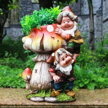 Mushroom Pot with Gnome Pair, a multicolor resin planter featuring two playful gnomes on a vibrant mushroom. Ideal for indoor planters, garden pots, balcony decoration, and outdoor use. Perfect for small plants, succulents, or flowers, adding charm to any space.