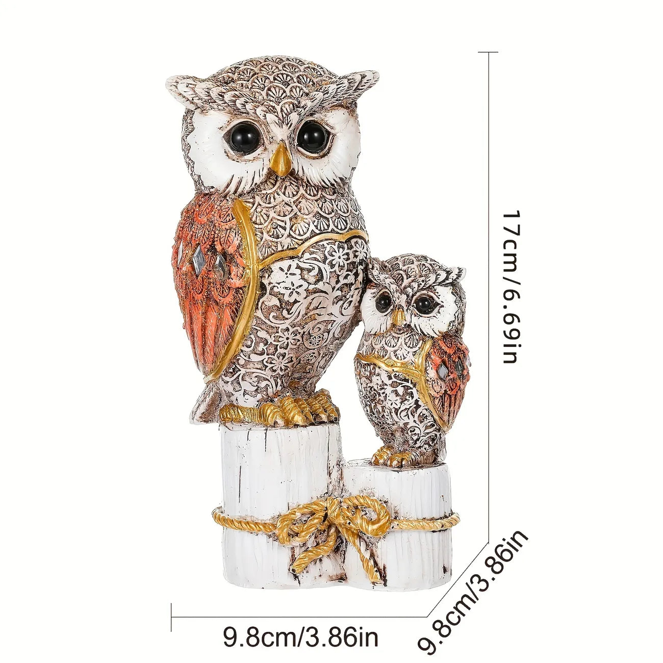 Decorative owl figurine set with ornate details, orange accents, and size measurements shown