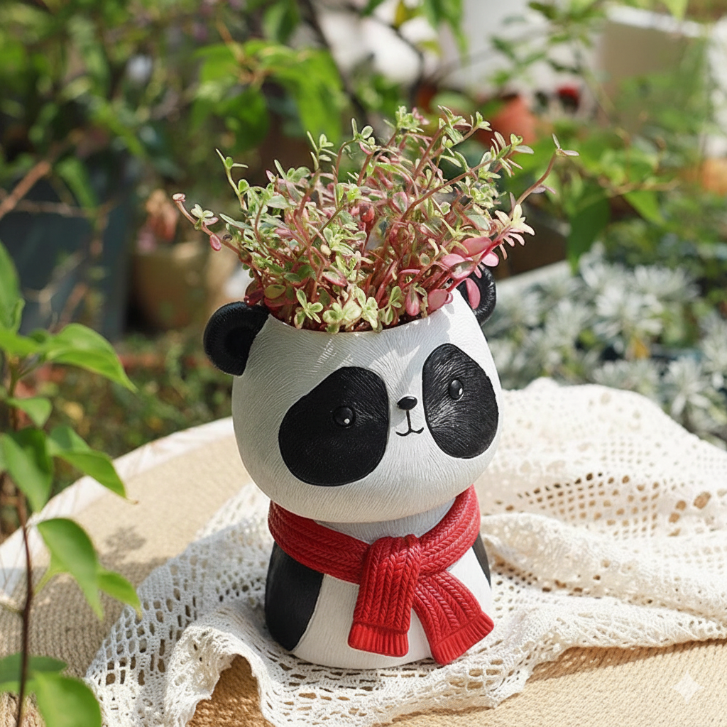 Joyful Panda Bust Planter – Smiling Panda with Gray-Blue Scarf