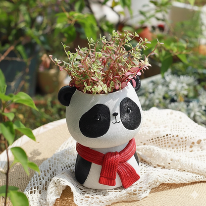Joyful Panda Bust Planter – Smiling Panda with Gray-Blue Scarf