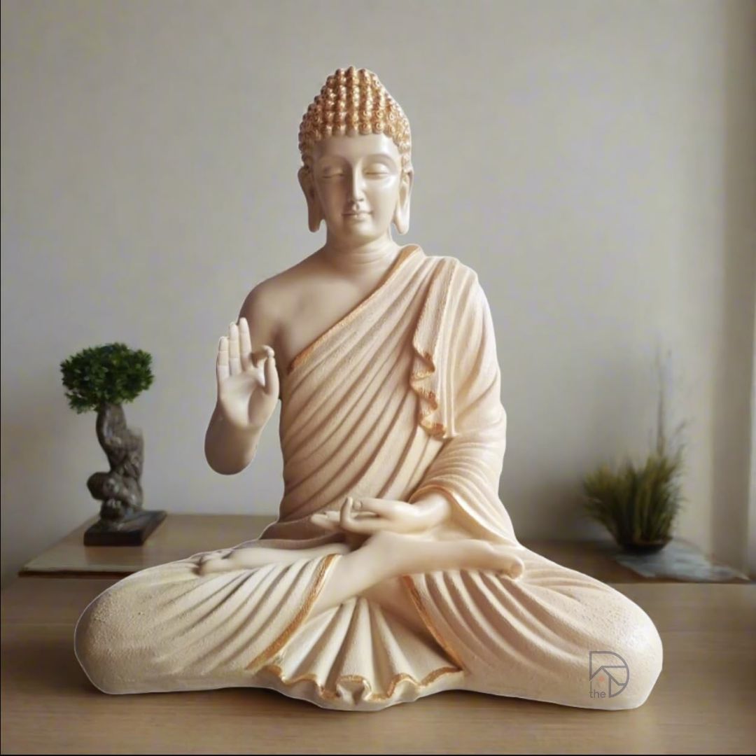 Snowy Bliss Buddha Statue 24-inch, white Buddha sculpture crafted from premium resin, weather-resistant and fade-resistant, perfect for Zen gardens, home decor, meditation spaces, and spiritual gifts.