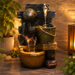 Rustic Stone Water Fountain with Bucket & Faucet - Outdoor Indoor Cascading Fountain
