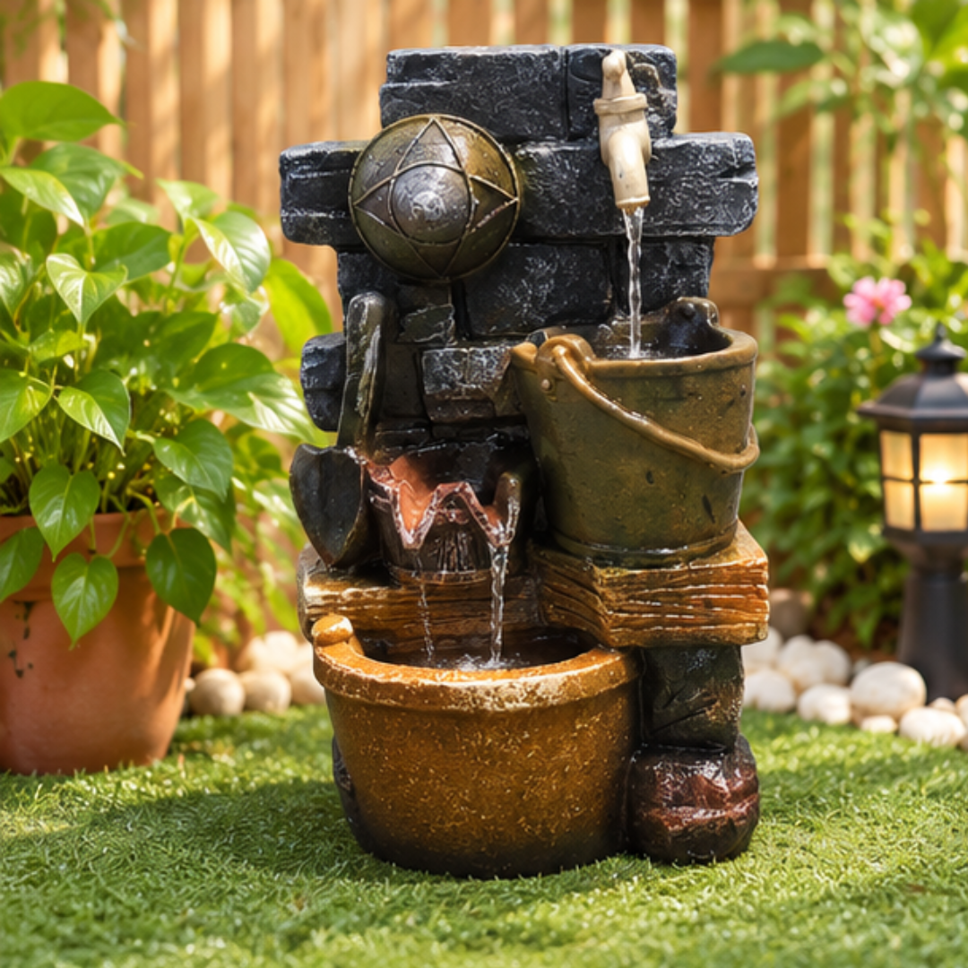 Rustic Stone Water Fountain with Bucket & Faucet - Outdoor Indoor Cascading Fountain