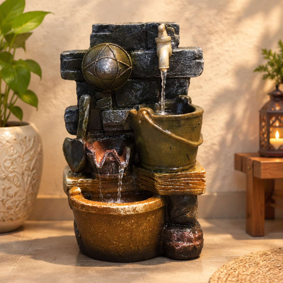 Rustic Stone Water Fountain with Bucket & Faucet - Outdoor Indoor Cascading Fountain