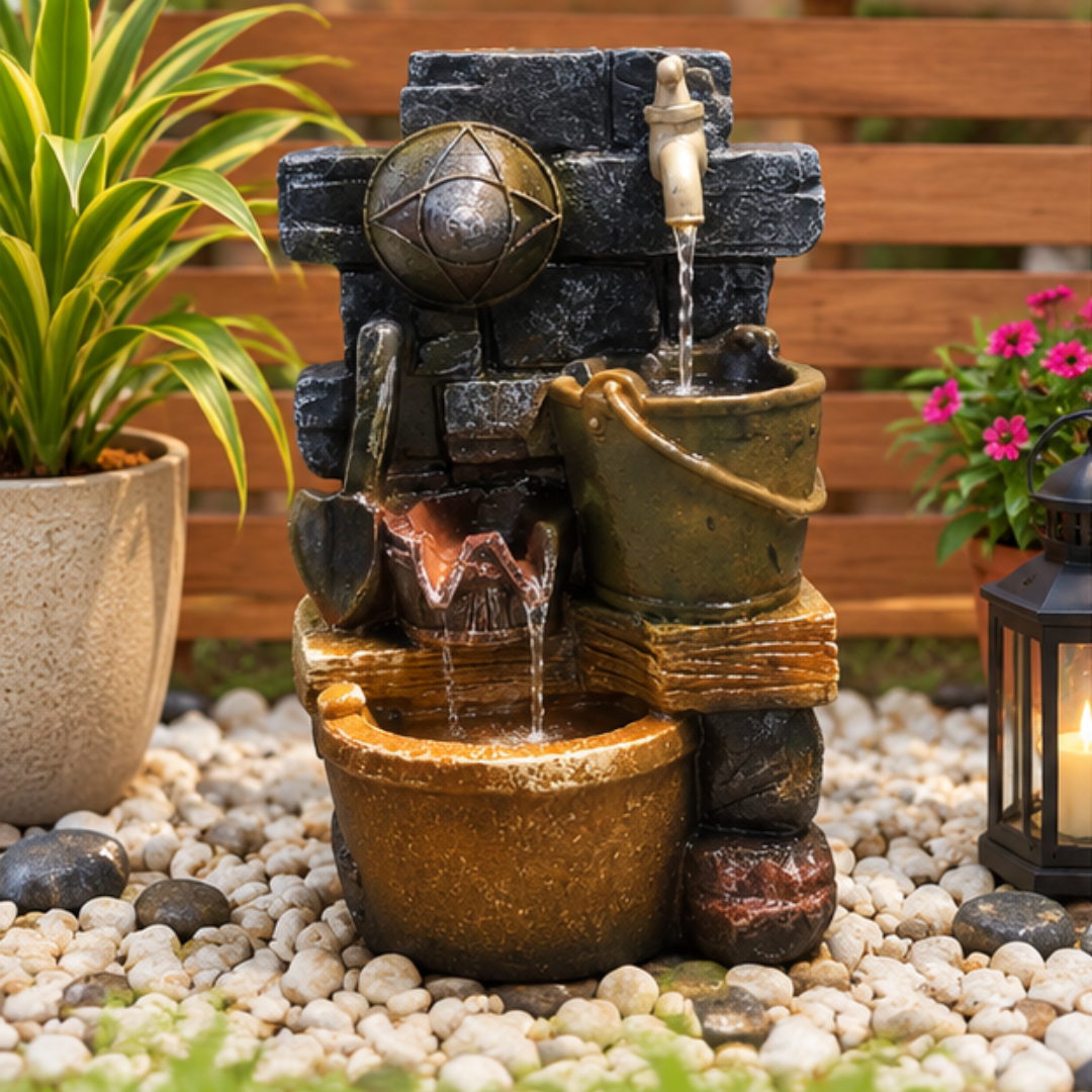 Rustic Stone Water Fountain with Bucket & Faucet - Outdoor Indoor Cascading Fountain