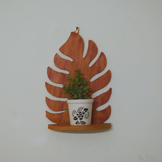 Wooden leaf-shaped shelf with a potted plant on a white wall
