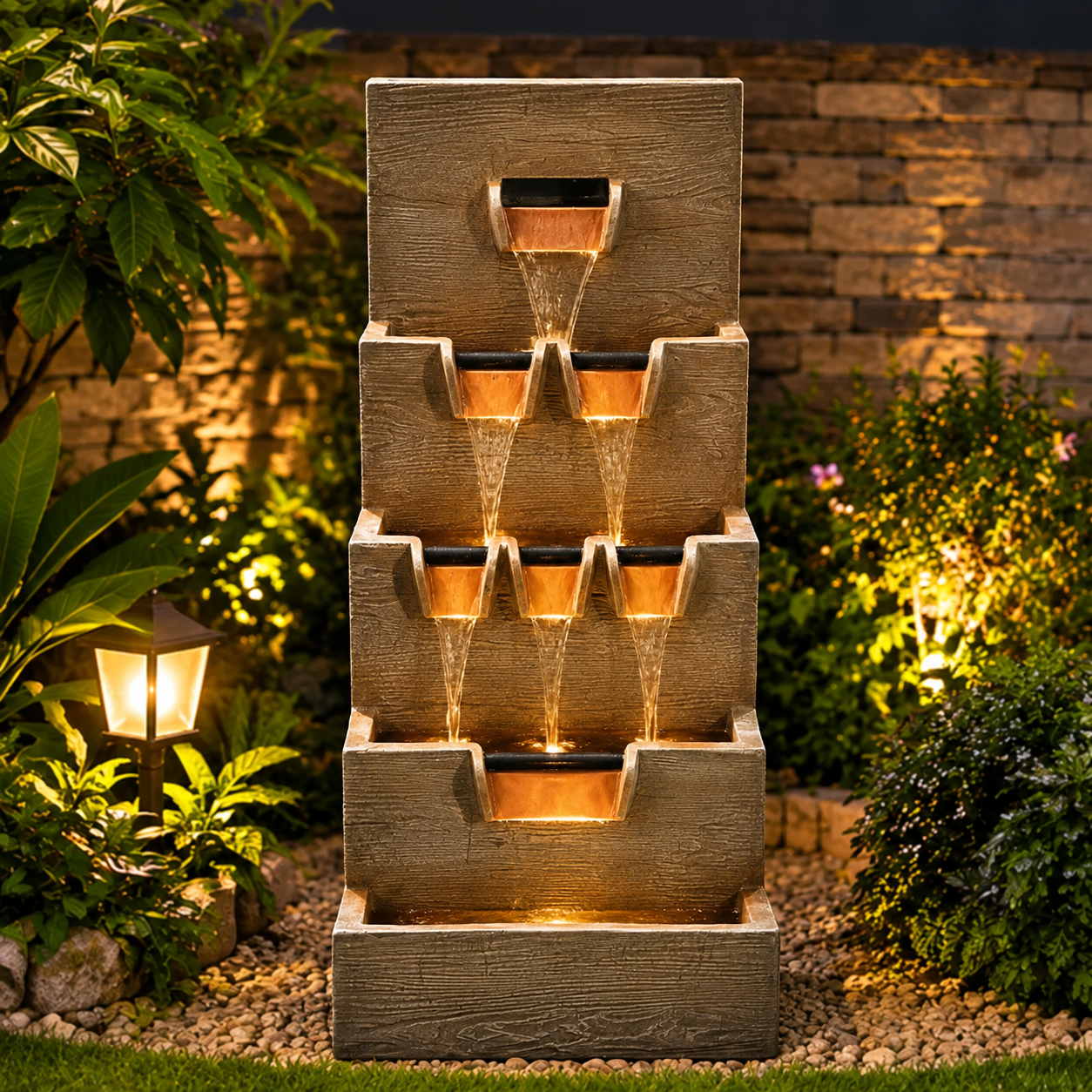 Cascading Wooden Wall Water Fountain with LED & Planters - Outdoor Garden Fountain