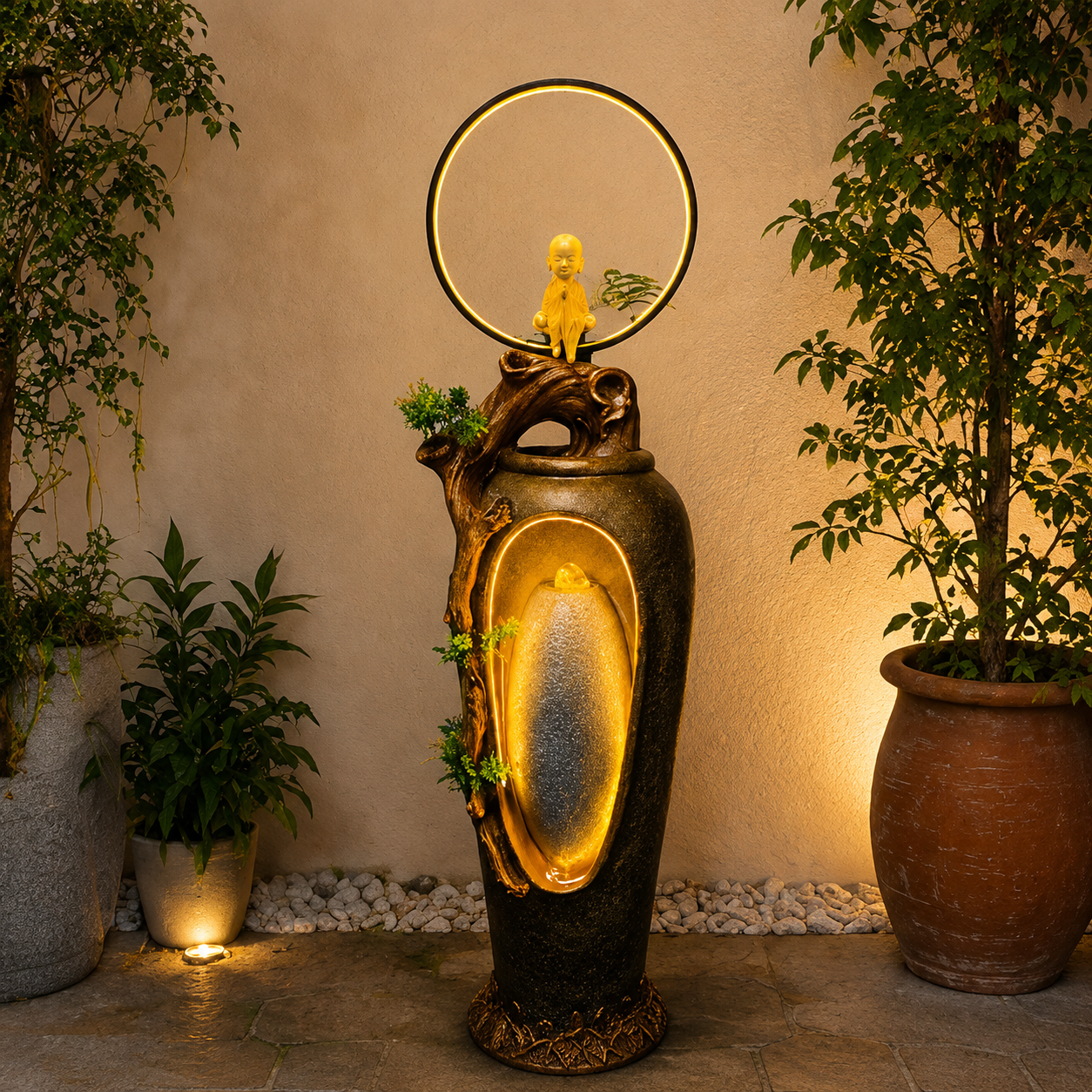 Buddha Monk Water Fountain with LED Ring | Outdoor Garden Decor