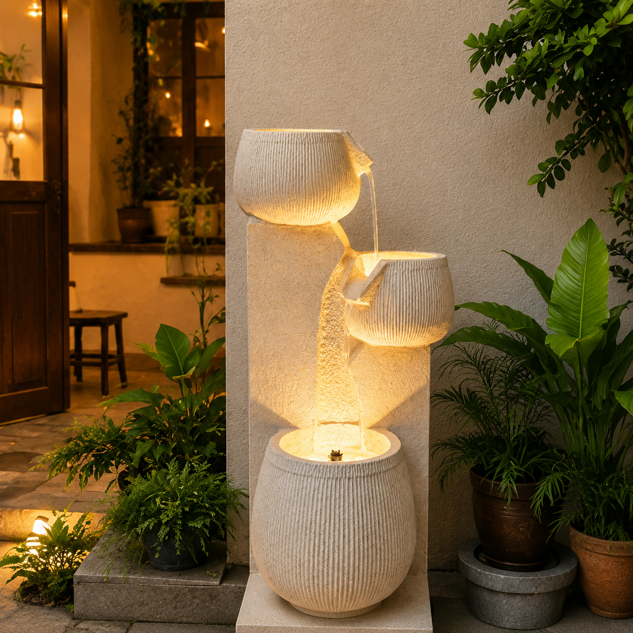 3-Tier Cascading Bowl Water Fountain with LED | Garden & Home Decor