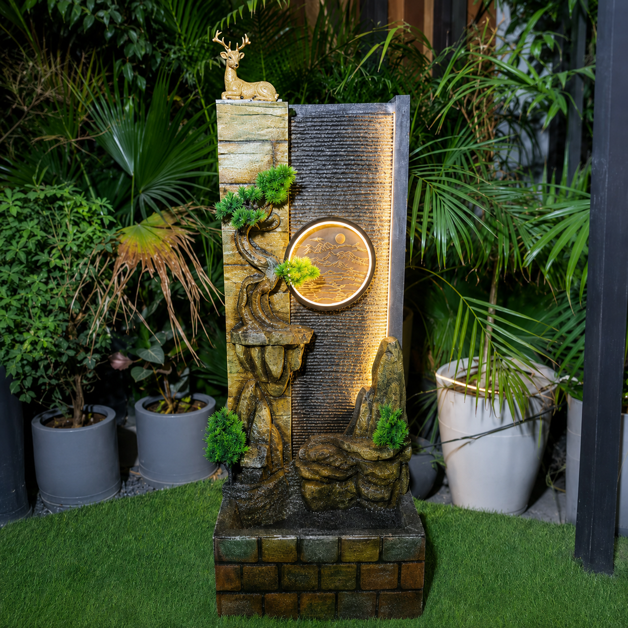 Golden Deer Waterfall Fountain with LED Moon Disc | Home Decor