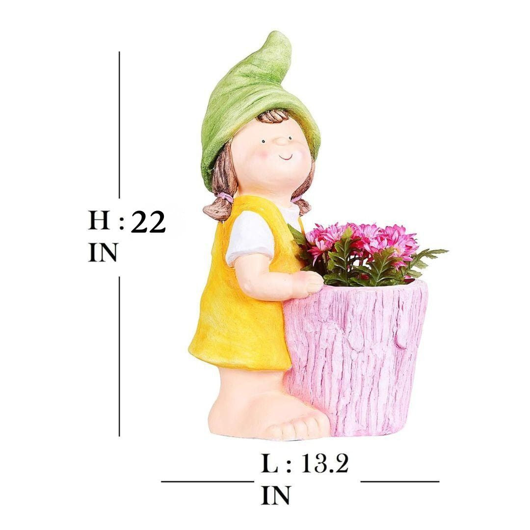 Gnome figurine with a pink planter holding flowers, measurements indicated.