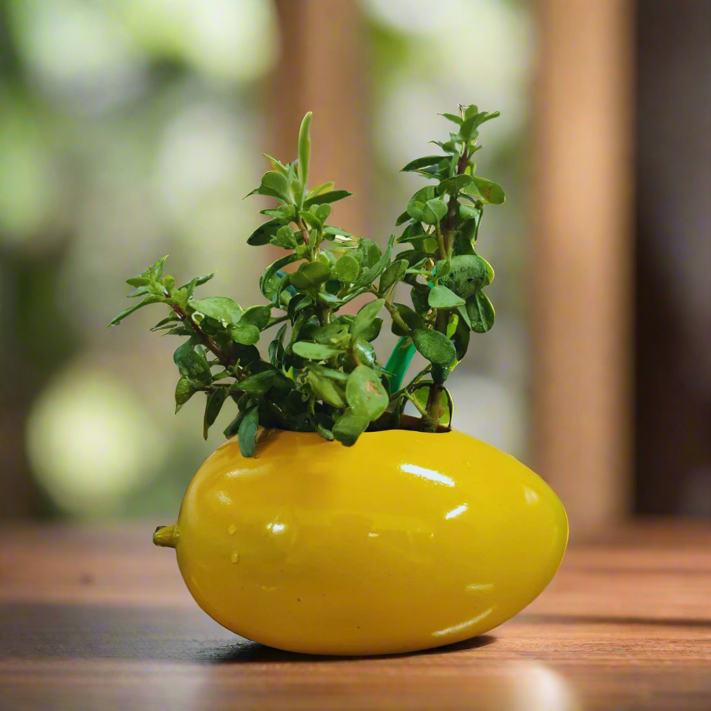 Yellow vase with green plant on a wooden surface